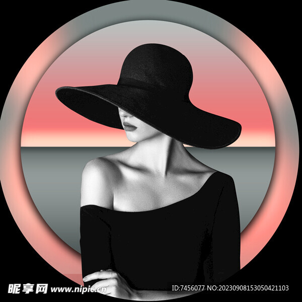 黑色帽子美女艺术圆形挂画装饰画