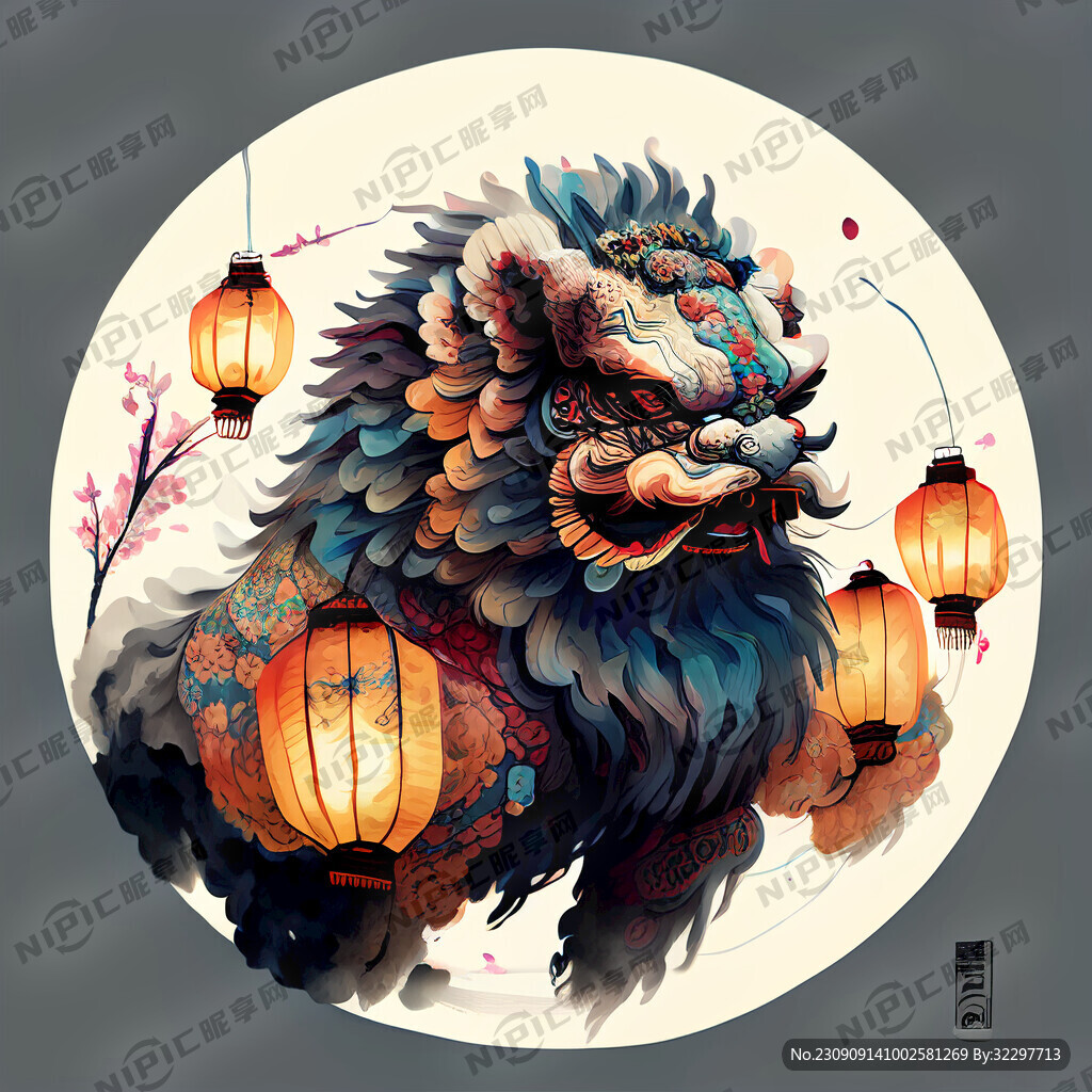 中国春节有舞狮灯笼团圆