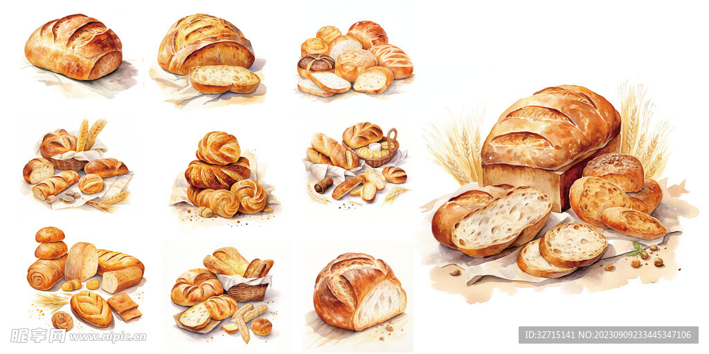 面包组合水彩插画手绘大尺寸高清