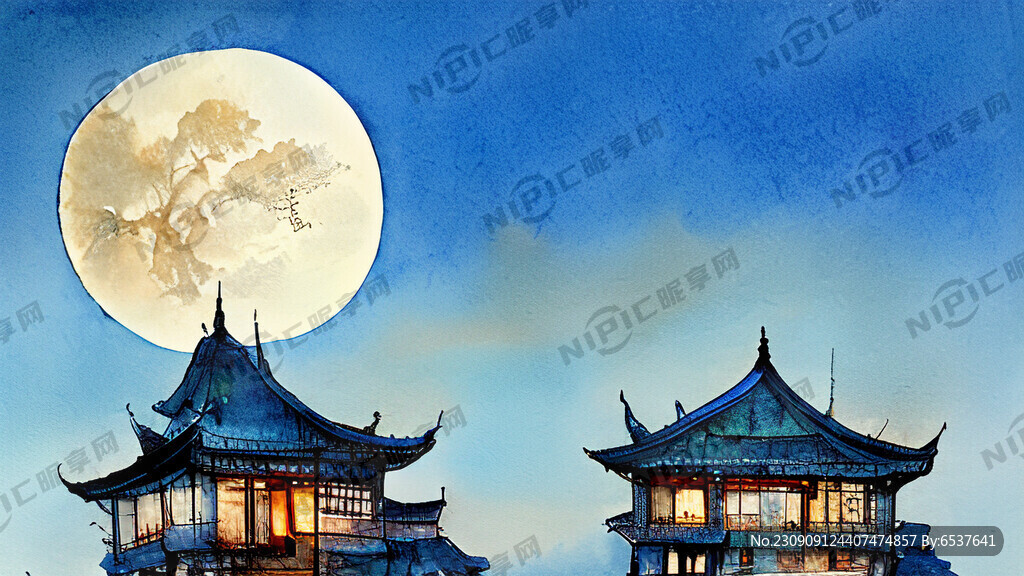 夜晚的中国古城楼顶 大月亮