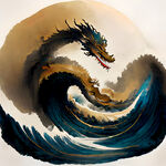 金色的五条中国龙四周海浪汹涌暖色古代画