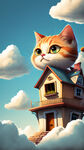 天空房子卡通猫