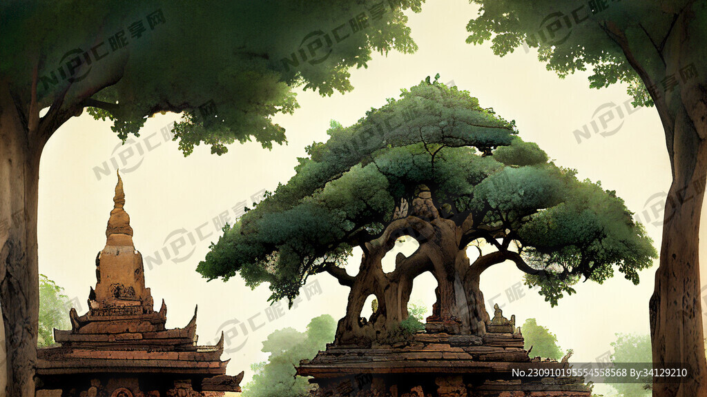老挝古树图片以寺庙和尚和茶叶为