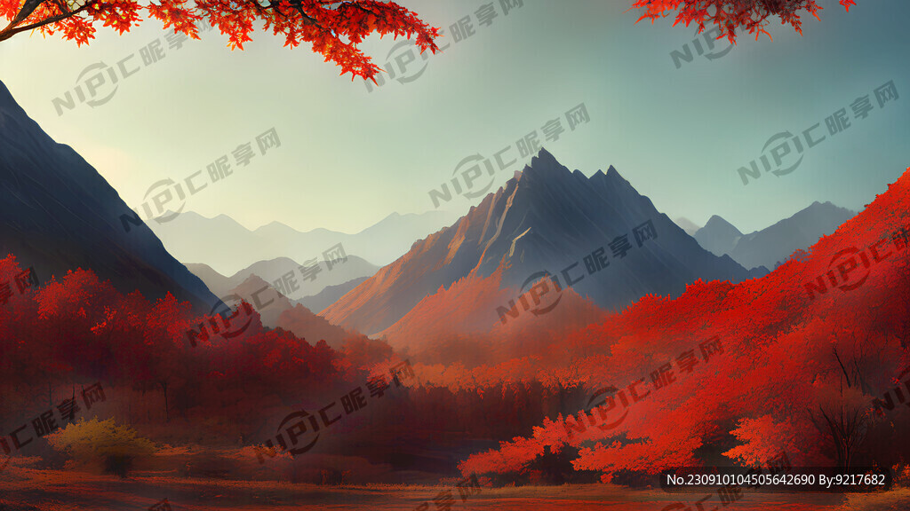 红叶和山脉和水潭