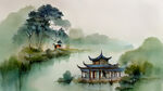 中国古代楼阁，湖水中央