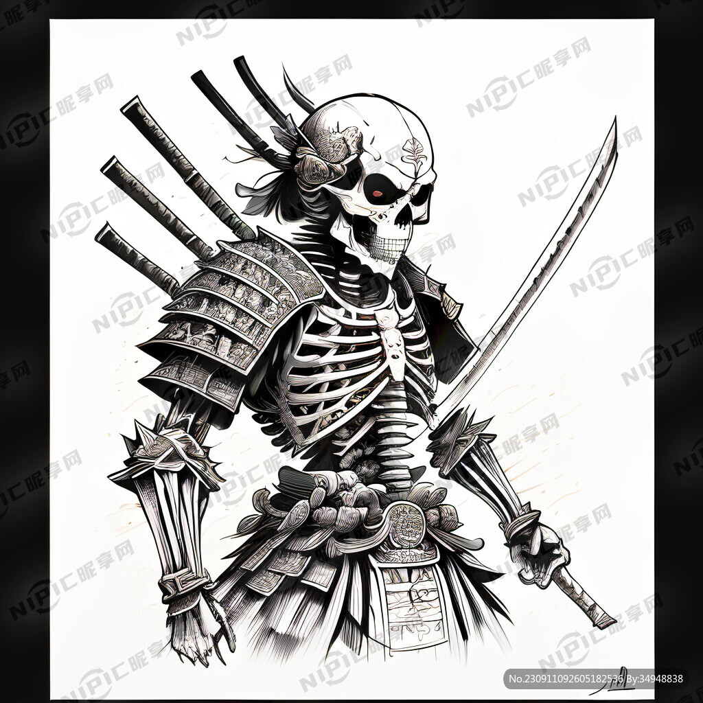 黑白线稿骷髅武士风格