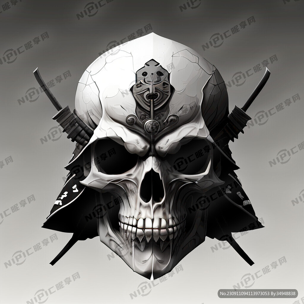 黑白描边武士骷髅头正脸头像