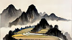 中国风北方农田山水风景国画风格