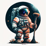 太空宇航员拿着扫把，插画