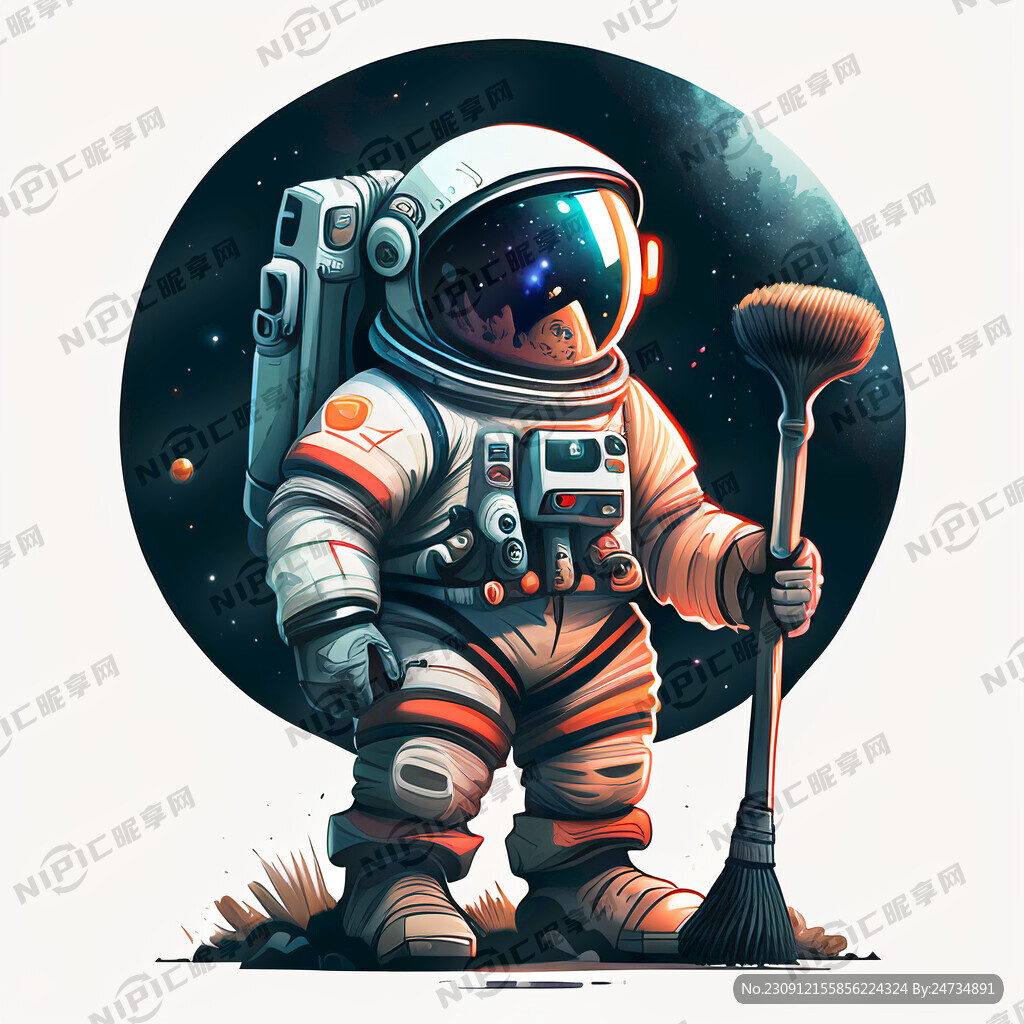 太空宇航员拿着扫把 插画