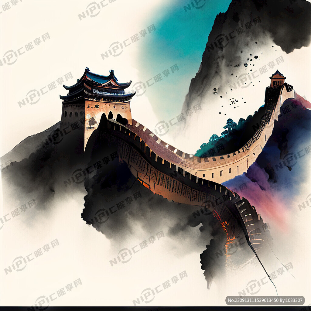 中国 长城 飞机 线稿。
