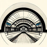 以上海虹桥火车站图绘制一幅圆形简笔图，要求线条简单，色彩为黑白，