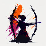 彩绘紫色和橘红色的拿弓箭的人物剪影