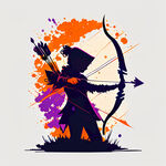 彩绘卡通紫色和橘红色的拿弓箭的人物剪影