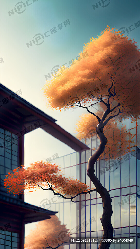 玻璃建筑背景上的秋天树