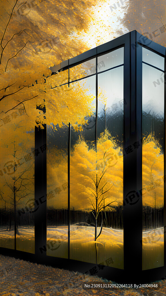 玻璃幕墙倒映秋天景色