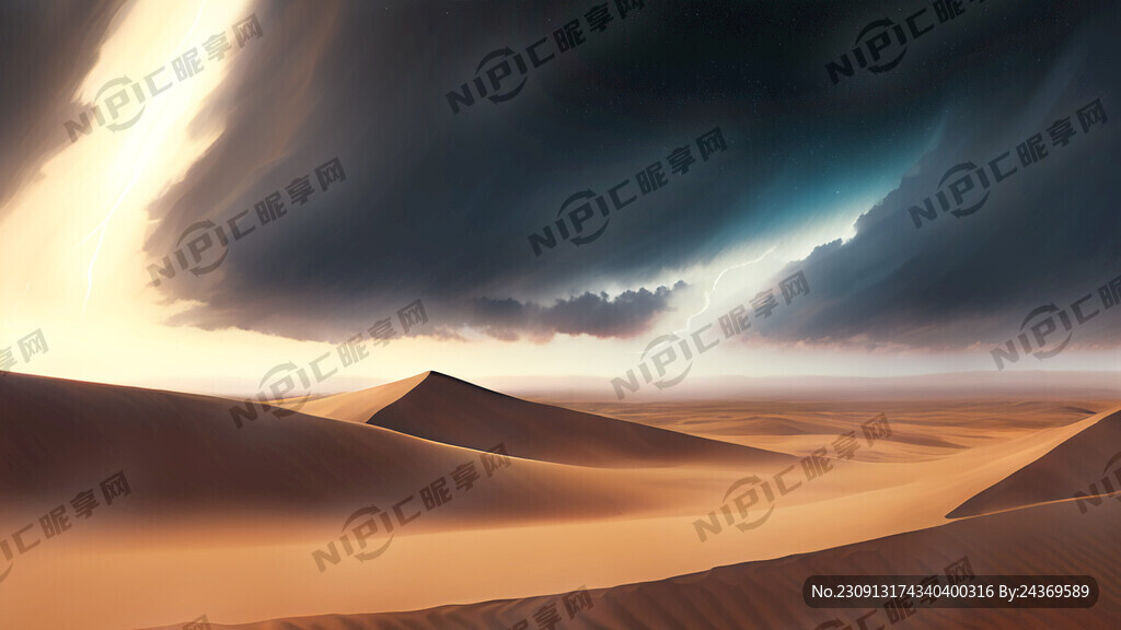画面中间有大沙丘 星空 风暴