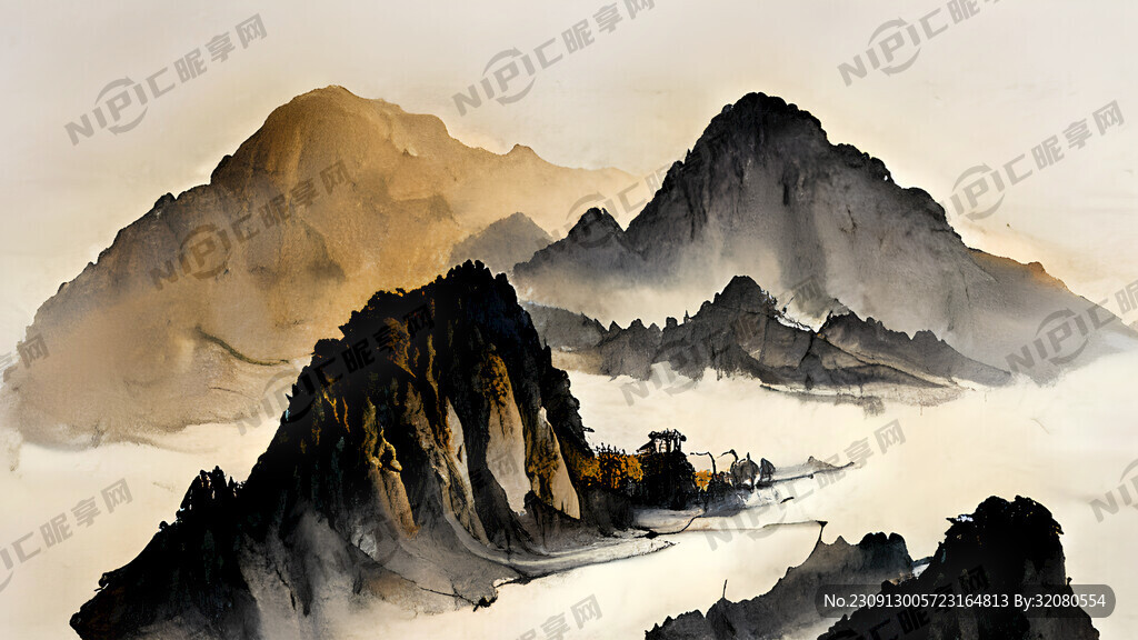 山水画 孤舟 金色的山 线条