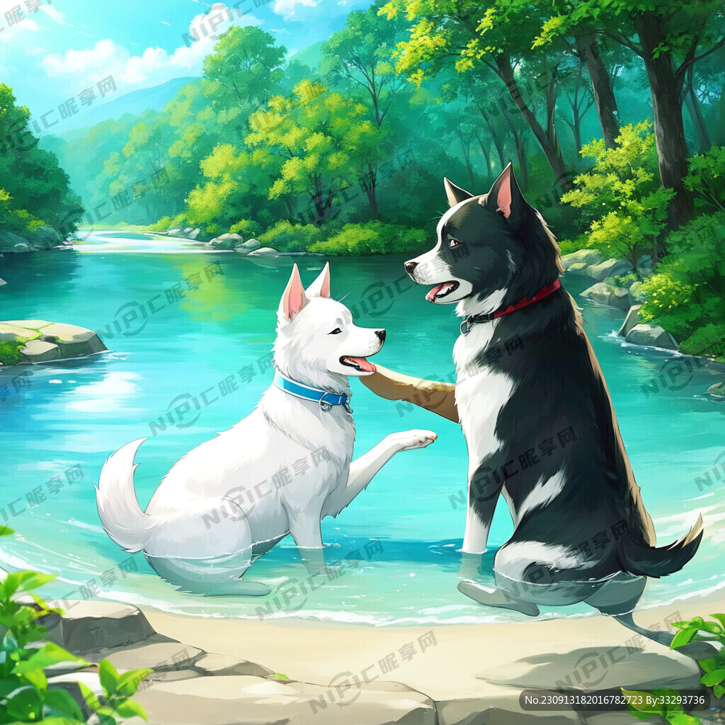 两条狗 玩水