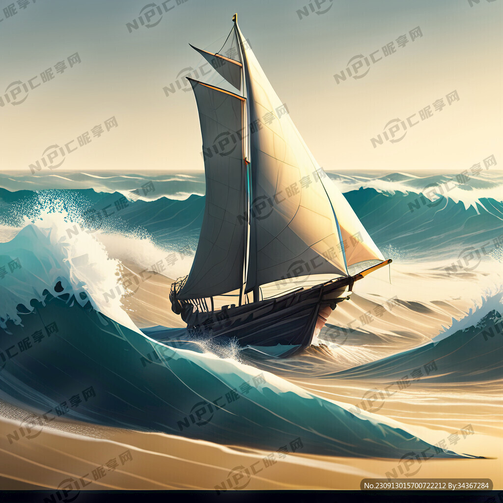 海浪沙灘帆船