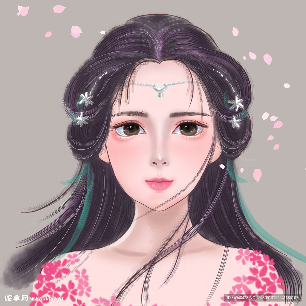 古风长发美女樱花飘扬插画素材