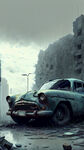 城市废墟，破旧汽车，赛博朋克，灰色天空，质感，末日。