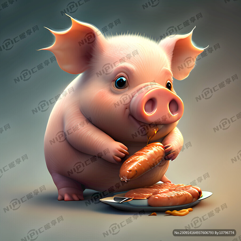 可爱的小猪吃烤肠