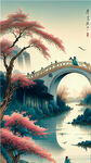 民乐琵琶，高清远景，超清晰小桥流水，湖边凉亭，沐浴在花瓣里满天花瓣，明月山水，青花底图，