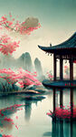 琵琶，高清远景，超清晰小桥流水，湖边凉亭，沐浴在花瓣里满天花瓣，明月山水，青花底图，