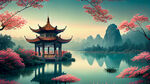 琵琶，高清远景，超清晰小桥流水，湖边凉亭，沐浴在花瓣里满天花瓣，明月山水，青花底图，