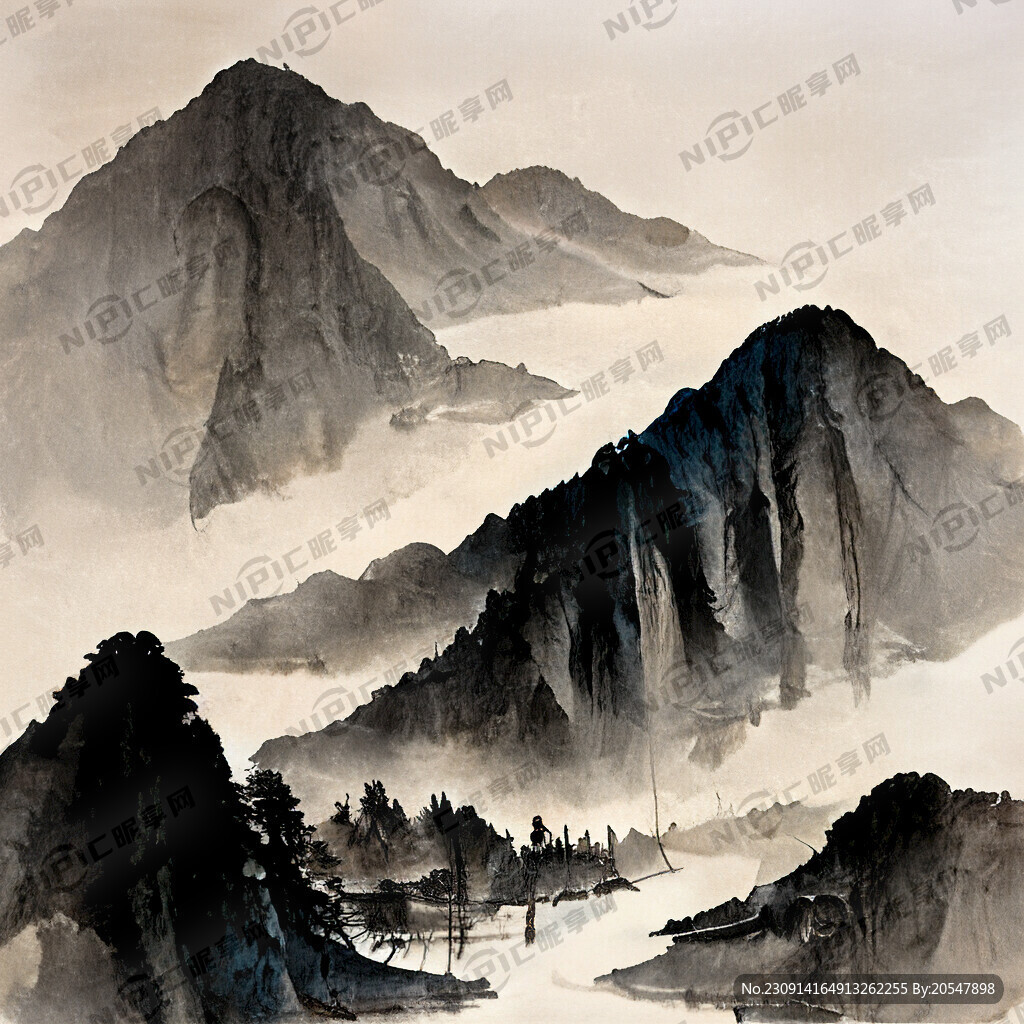 写意山水画 国画 水墨 湖泊