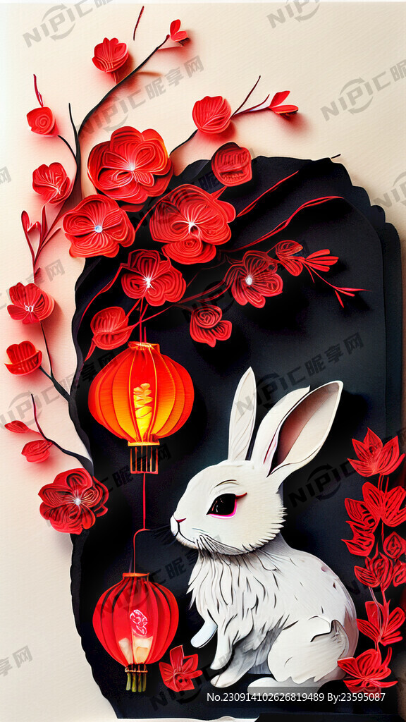 衍纸艺术 春节 可爱兔子 红梅