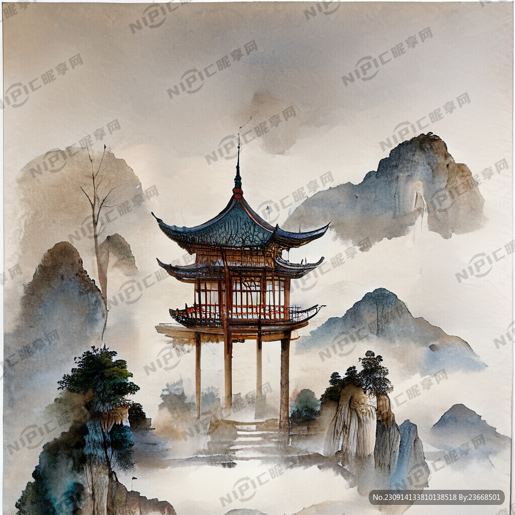 新中式亭台楼阁山水祥云仙鹤