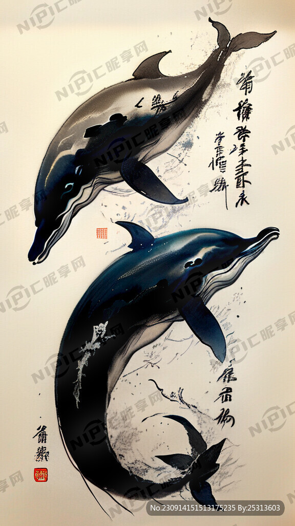 海豚 中国风 水墨风格 写意