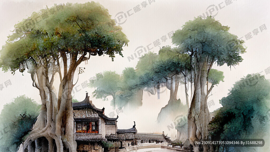 带古石板桥老榕树细细流水喀斯特