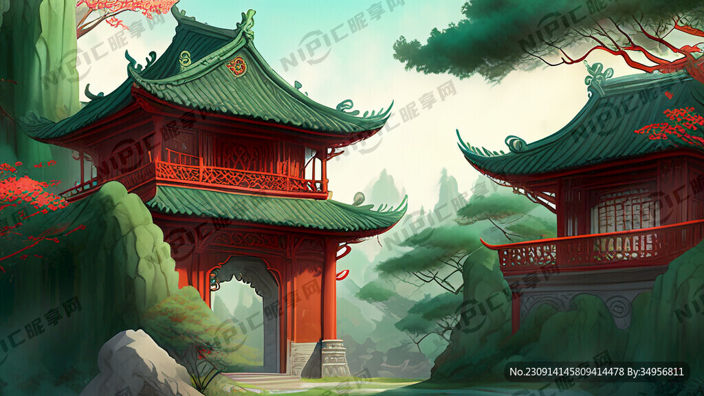 古风园子红墙绿瓦绿地孩童