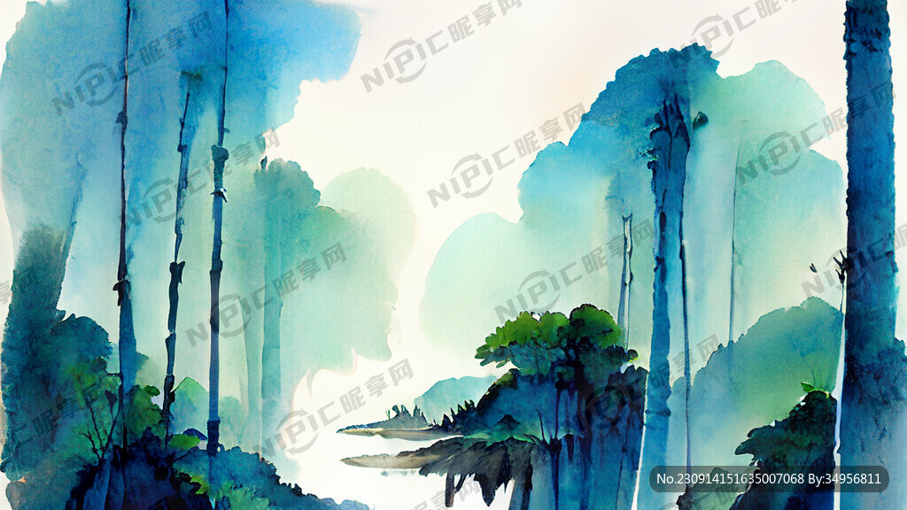 竹林流水蓝天绿地