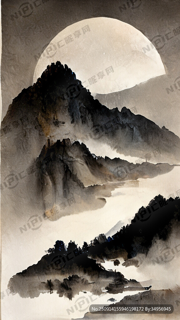 山水画 月亮 湖面 枫叶