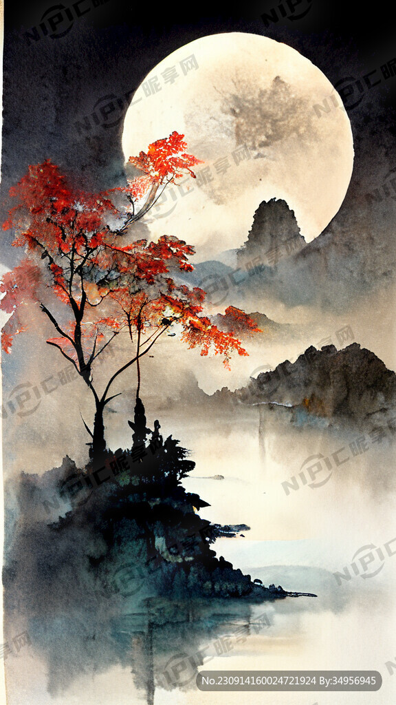 中国风 月亮 湖面 枫叶 唯美