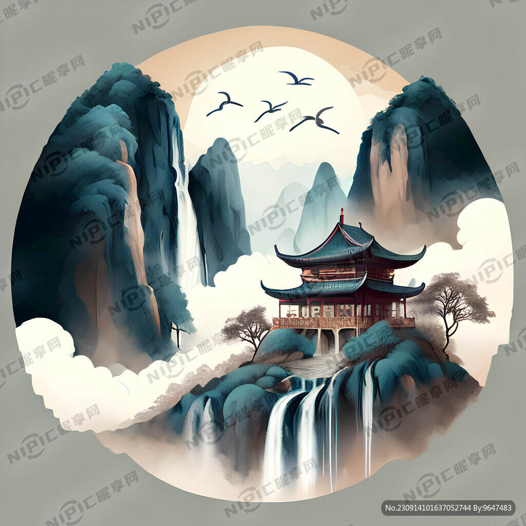 手绘风格 祥云 山景 瀑布