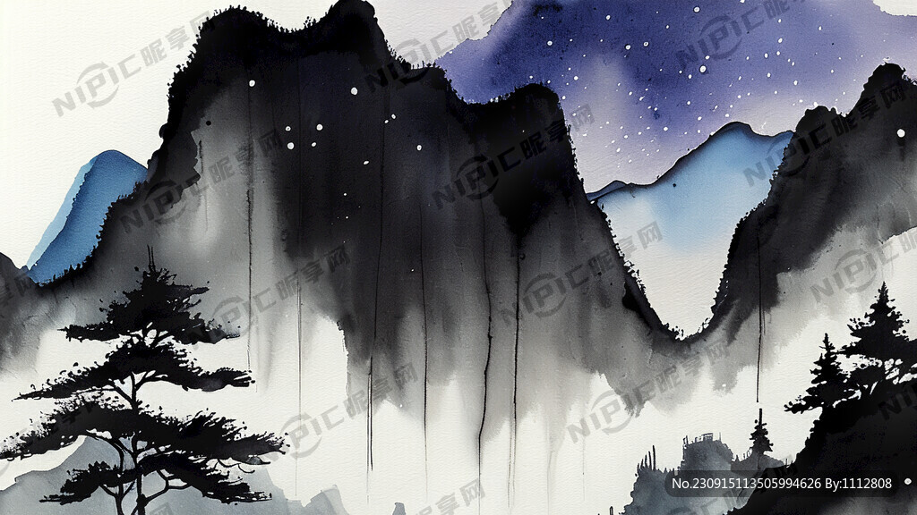 国画 下雨 夜晚 山峦