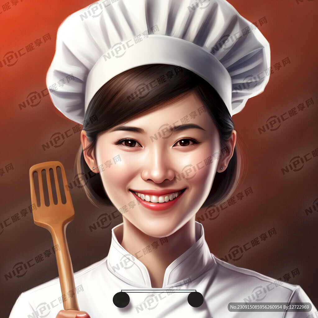 手拿铲子 戴厨师帽 妇女 微笑