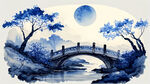小桥流水，祥云，青花图案，古桥，小溪，明月，灯笼，大鼓