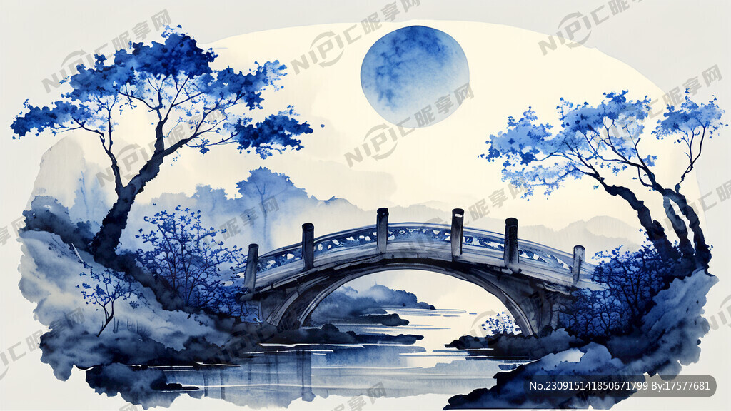 小桥流水 祥云 青花图案 古桥