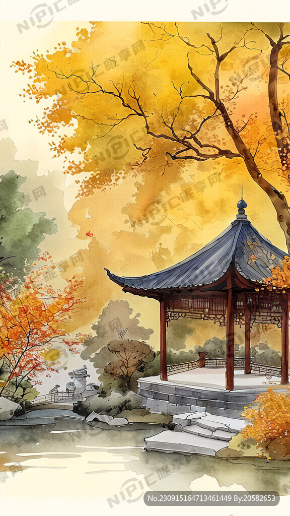 秋分 园林 中国风 茶桌 美景