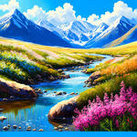 矿泉水宣传画，雪山小溪，阳光明媚，植物茂盛，鲜花开放，蓝天白云
