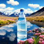 1个矿泉水瓶，雪山小溪，阳光明媚，植物茂盛，鲜花开放，蓝天白云