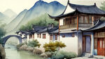 大宅房屋，中式，唐朝街道，远景，平视，山水，天空，云朵，中式建筑，中式美学，很多房子