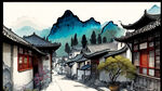 大宅房屋，唐朝建筑，唐朝街道，平视，山，天空，云朵，中式建筑，中式美学，很多房子，远景