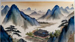 唐代山水，超高清，鸟瞰，超宽画幅，广阔的视野，壮美景色，中国风